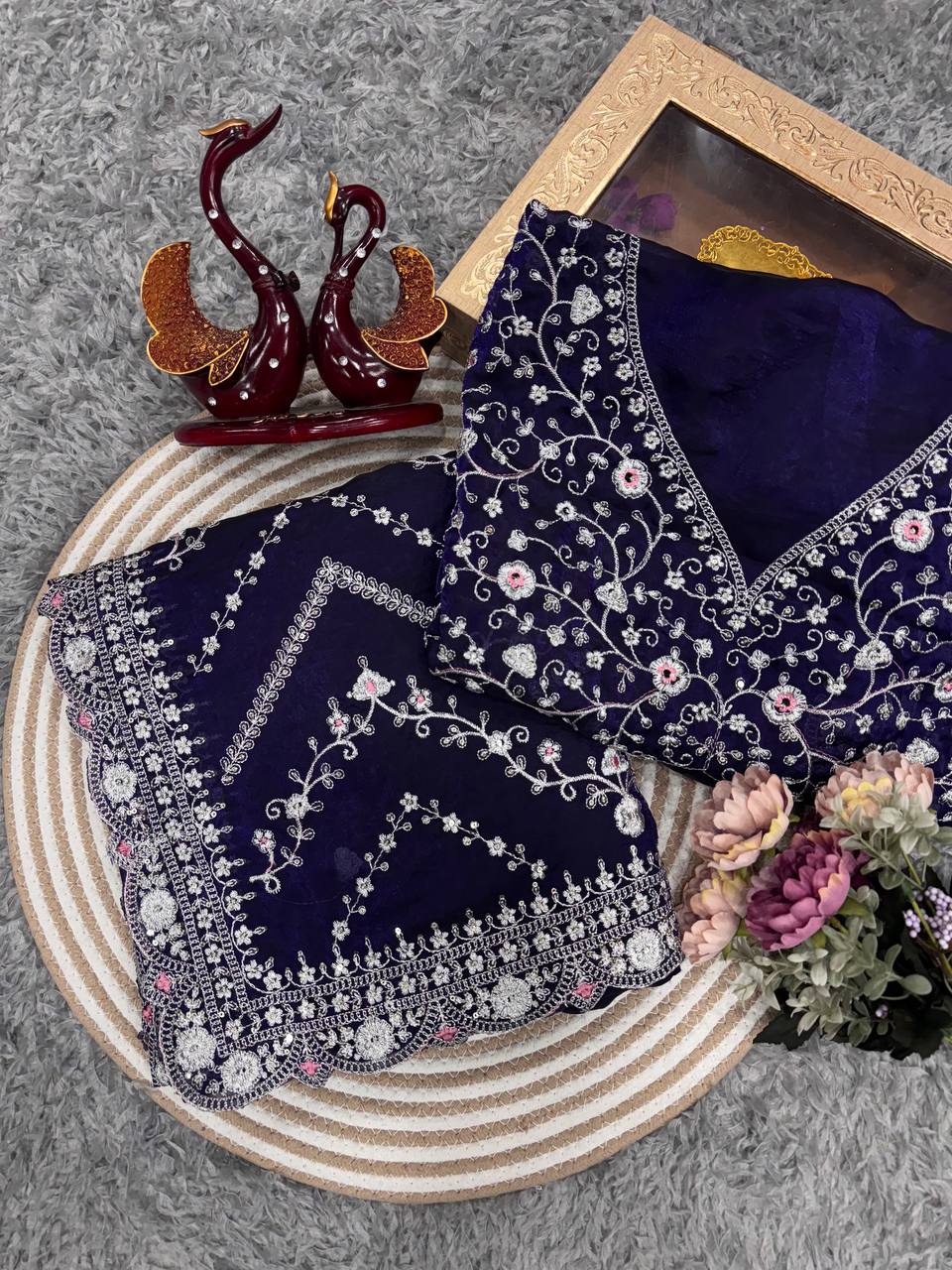 Royal Blue Embroidered Blouse Piece with Intricate Mirror, Sequin & Floral Threadwork – Ready-to-Stitch Fabric for Sarees & Festive Ethnic Wear - AllHandmadeGoods