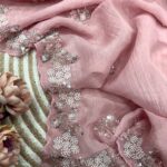 Women's Soft Pink Organza Saree with Delicate Pearl & Sequin Floral Embroidery – Lightweight Sheer Drape for Festive, Wedding & Party Wear - AllHandmadeGoods