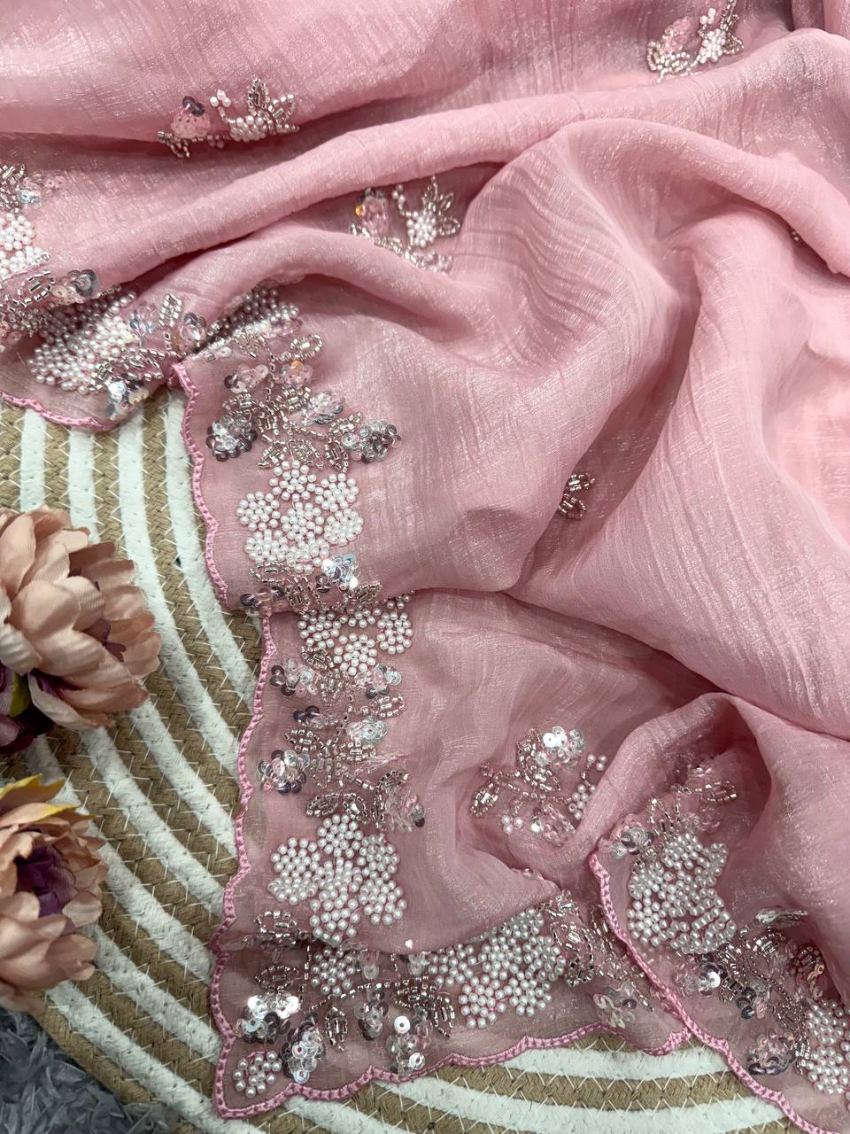 Women's Soft Pink Organza Saree with Delicate Pearl & Sequin Floral Embroidery – Lightweight Sheer Drape for Festive, Wedding & Party Wear - AllHandmadeGoods