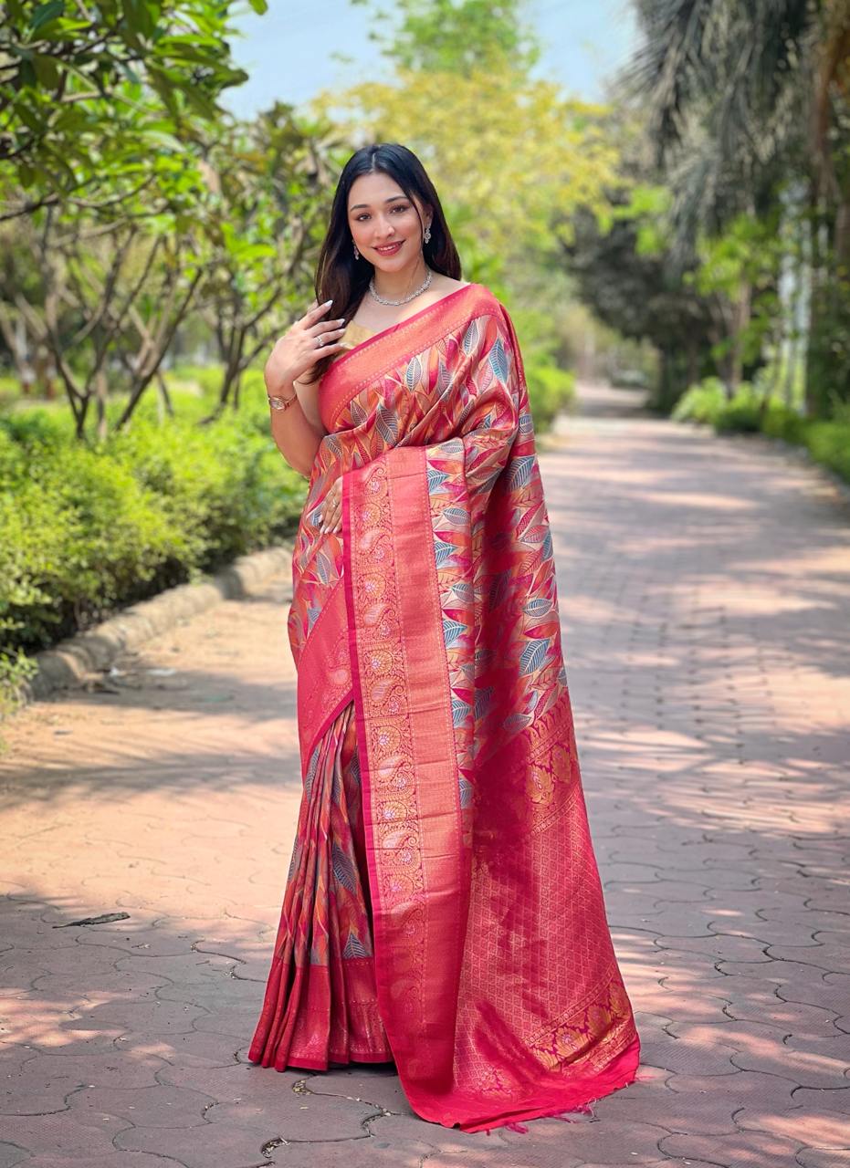 Women's Luxurious Pista Green & Pink Art Silk Saree with Intricate Leaf Weave & Broad Zari Border – Ideal for Festive & Wedding Occasions - AllHandmadeGoods