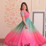 Women's Dual-Tone Ombre Gown in Candy Pink & Aqua Green with Embroidered Bodice – Festive & Contemporary Wear - AllHandmadeGoods