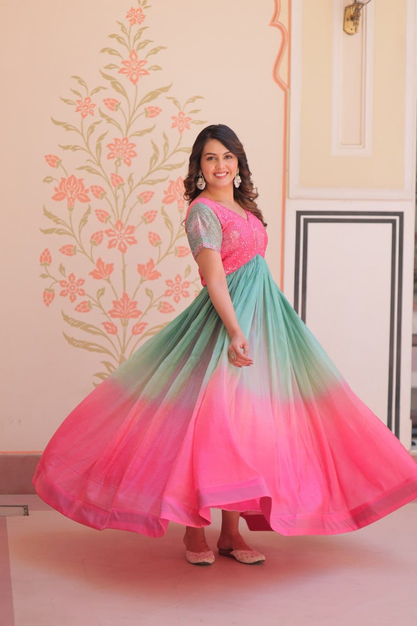 Women's Dual-Tone Ombre Gown in Candy Pink & Aqua Green with Embroidered Bodice – Festive & Contemporary Wear - AllHandmadeGoods