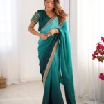 Women's Elegant Ombre Green Georgette Saree with Intricate Golden Zari & Stone Embellishments – Complete with Heavily Worked Blouse for Festive & Wedding Wear - AllHandmadeGoods