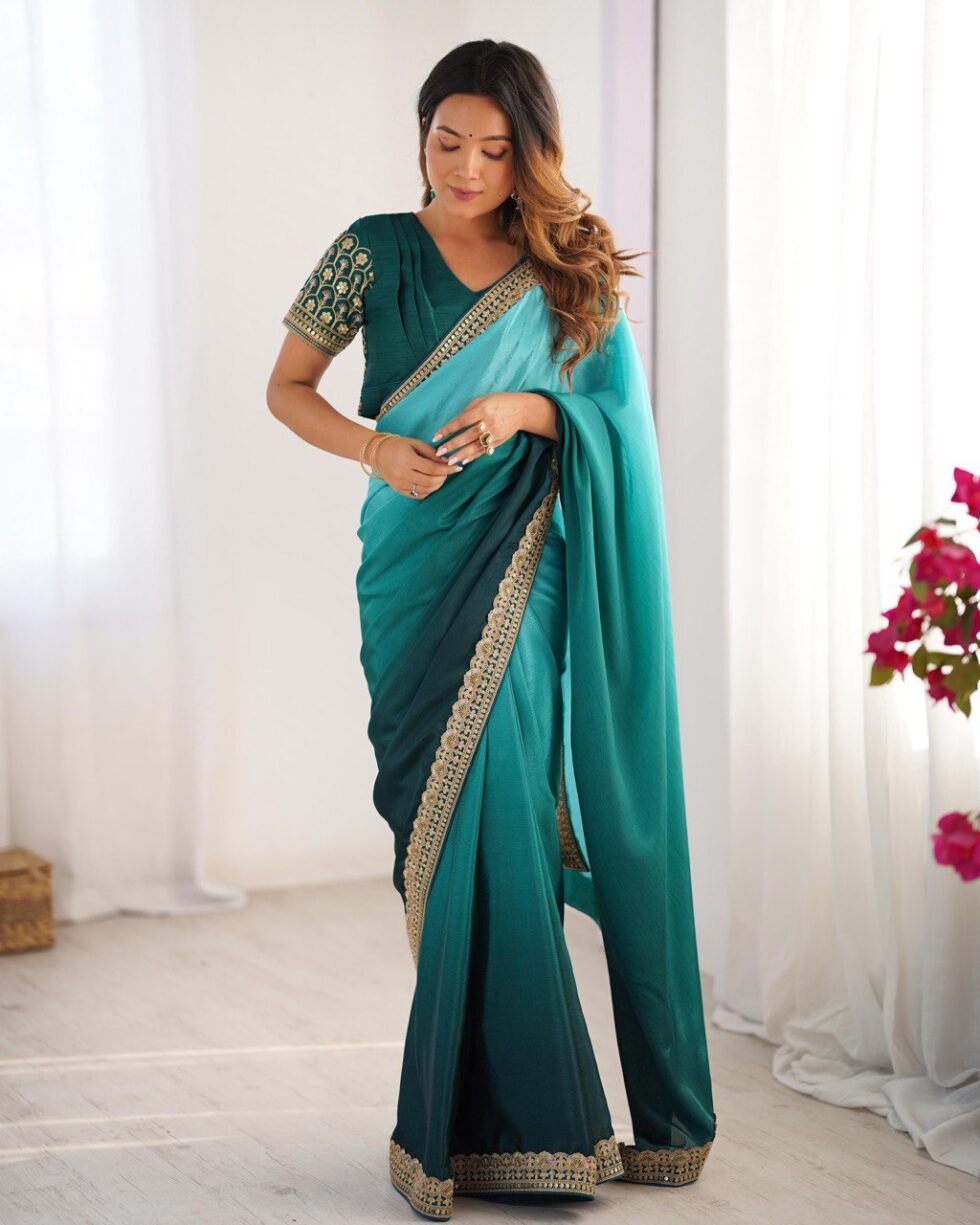 Women's Elegant Ombre Green Georgette Saree with Intricate Golden Zari & Stone Embellishments – Complete with Heavily Worked Blouse for Festive & Wedding Wear - AllHandmadeGoods