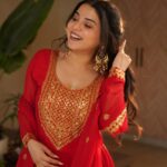 Women's Radiant Red Anarkali Suit Set with Golden Zari & Sequin Embroidery – Perfect for Festive & Wedding Occasions - AllHandmadeGoods