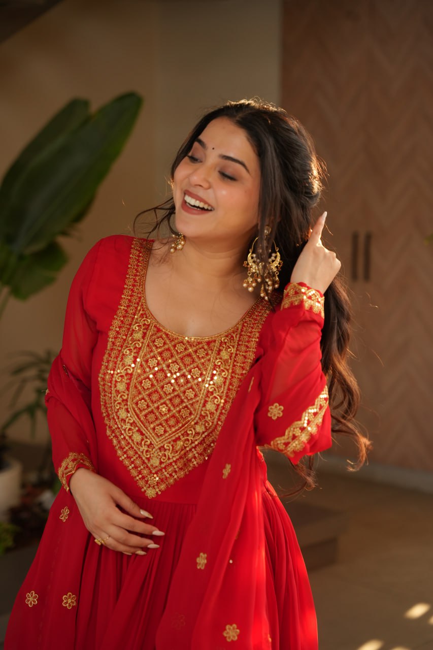 Women's Radiant Red Anarkali Suit Set with Golden Zari & Sequin Embroidery – Perfect for Festive & Wedding Occasions - AllHandmadeGoods