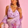 Women's Exquisite Lavender & White Organza Saree with Hand-Painted Lotus Floral Motifs & Gold Embellished Border – Complete with Matching Printed Blouse for Festive & Special Occasions - AllHandmadeGoods