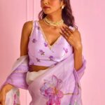 Women's Exquisite Lavender & White Organza Saree with Hand-Painted Lotus Floral Motifs & Gold Embellished Border – Complete with Matching Printed Blouse for Festive & Special Occasions - AllHandmadeGoods