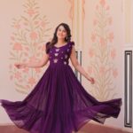 Women's Elegant Plum Purple Georgette Anarkali Gown with Butterfly Applique & Ruffle Sleeves – Festive & Special Occasion Wear - AllHandmadeGoods