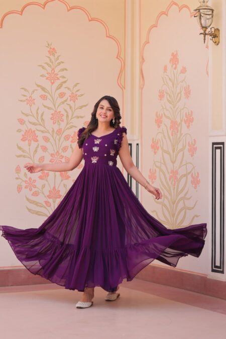 Home - AllHandmadeGoods Women's Elegant Plum Purple Georgette Anarkali Gown with Butterfly Applique & Ruffle Sleeves – Festive & Special Occasion Wear