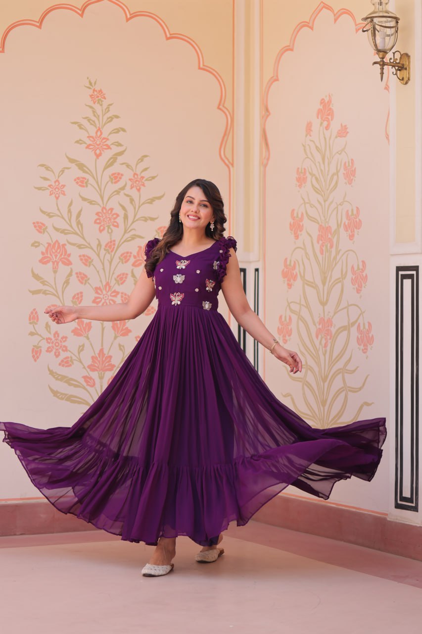 Women's Elegant Plum Purple Georgette Anarkali Gown with Butterfly Applique & Ruffle Sleeves – Festive & Special Occasion Wear - AllHandmadeGoods