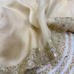 Luxurious Ivory Organza Dupatta with Heavy Golden Sequin & Zari Cutwork Border – Perfect for Weddings & Festive Layering - AllHandmadeGoods
