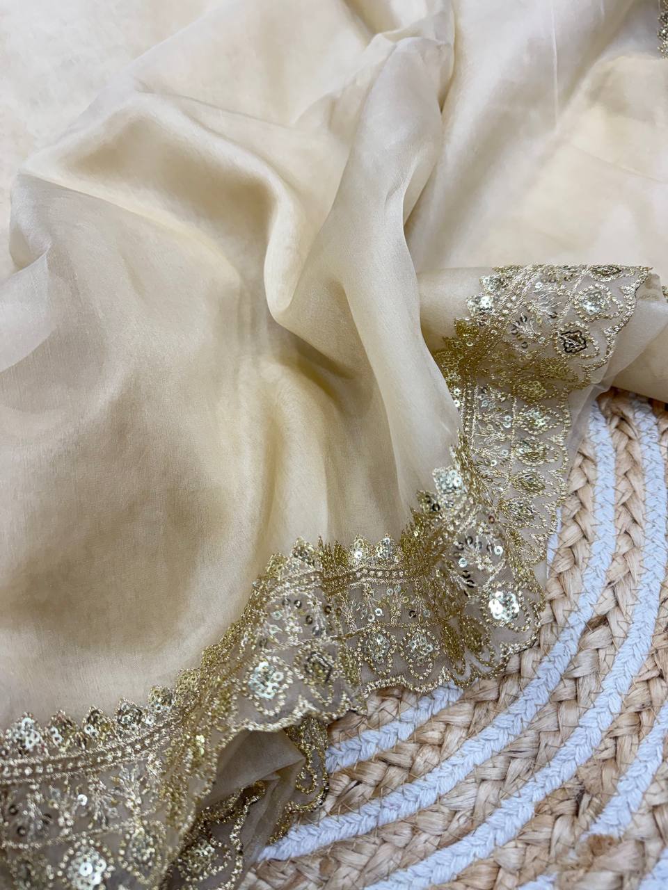 Luxurious Ivory Organza Dupatta with Heavy Golden Sequin & Zari Cutwork Border – Perfect for Weddings & Festive Layering - AllHandmadeGoods