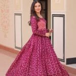Women's Festive Berry Purple Printed Anarkali Gown with Intricate Zari Work & Embellished Yoke – Perfect for Traditional & Celebration Wear - AllHandmadeGoods
