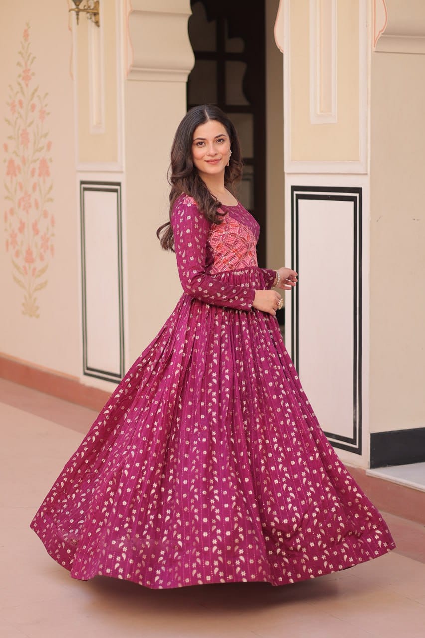 Women's Festive Berry Purple Printed Anarkali Gown with Intricate Zari Work & Embellished Yoke – Perfect for Traditional & Celebration Wear - AllHandmadeGoods