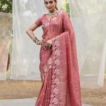 Women's Pristine White Organza Saree with Exquisite Pink & Green Floral Thread Embroidery – Complete with Matching Embroidered Blouse for Festive & Summer Wear - AllHandmadeGoods