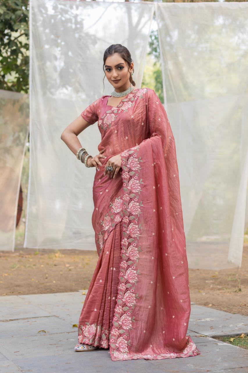 Women's Pristine White Organza Saree with Exquisite Pink & Green Floral Thread Embroidery – Complete with Matching Embroidered Blouse for Festive & Summer Wear - AllHandmadeGoods