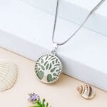 Green Aventurine Tree of Life pendant necklace with silver chain for prosperity, luck, healing, and positive energy