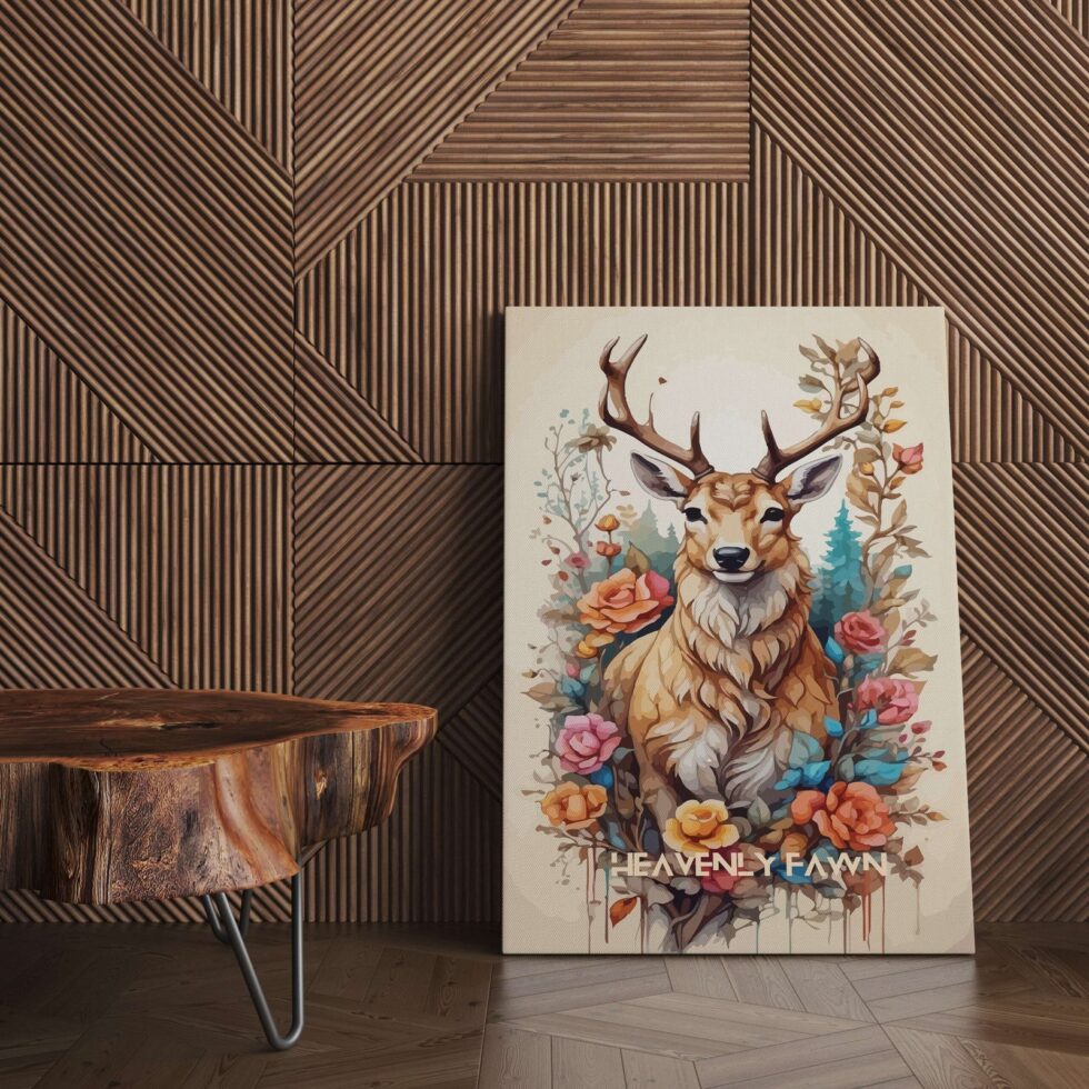 Floral deer artwork on canvas, modern animal wall art for living room or bedroom decoration.