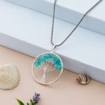 Tree of Life pendant necklace with turquoise crystal stones and silver chain for women’s jewellery