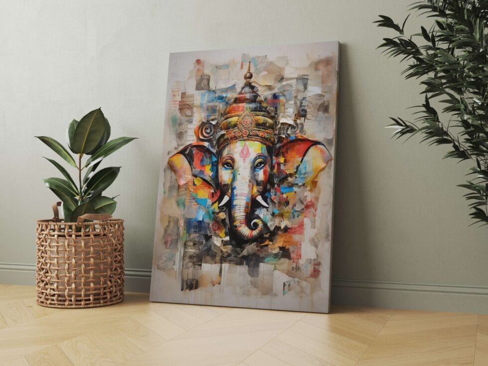 Colorful Lord Ganesha wall art painting for living room décor, spiritual canvas artwork for home and office.