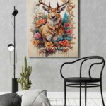 Majestic deer painting surrounded by colorful flowers on canvas, nature-inspired wall art for home décor.