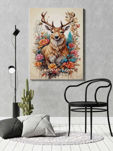 Majestic deer painting surrounded by colorful flowers on canvas, nature-inspired wall art for home décor.
