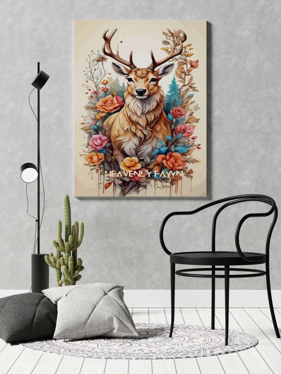 Majestic deer painting surrounded by colorful flowers on canvas, nature-inspired wall art for home décor.