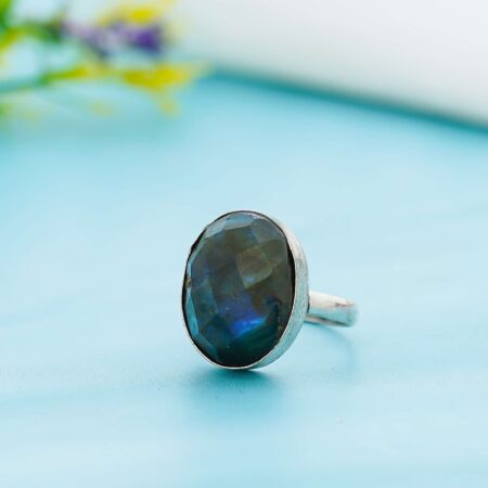 Oval labradorite gemstone ring with silver band for women’s jewellery and fashion accessories