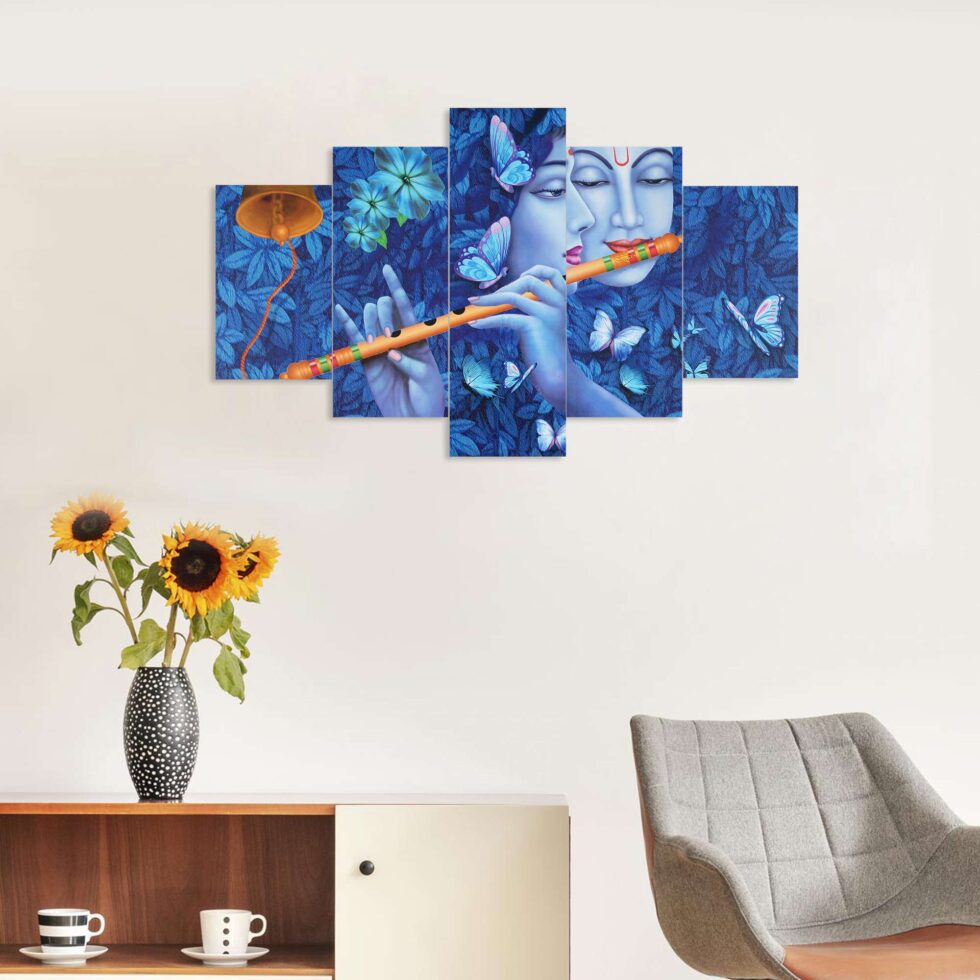 Artistic blue Radha Krishna digital wall painting with flute and butterflies – modern spiritual art decor for living room.
