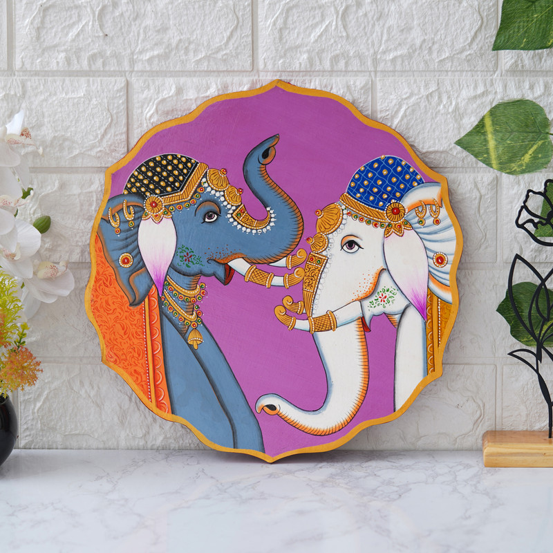 Majestic elephant wall plate art with pink tones — handcrafted Indian art inspired by royal heritage.
