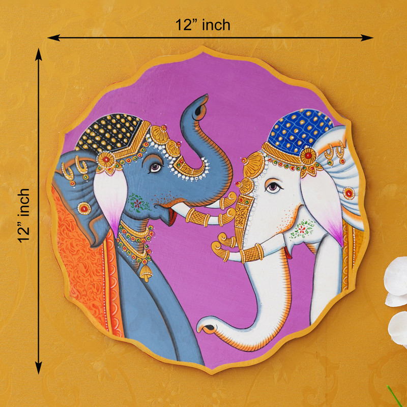 Vibrant Pichwai-style painting of two decorated elephants — perfect for ethnic home or office decor.