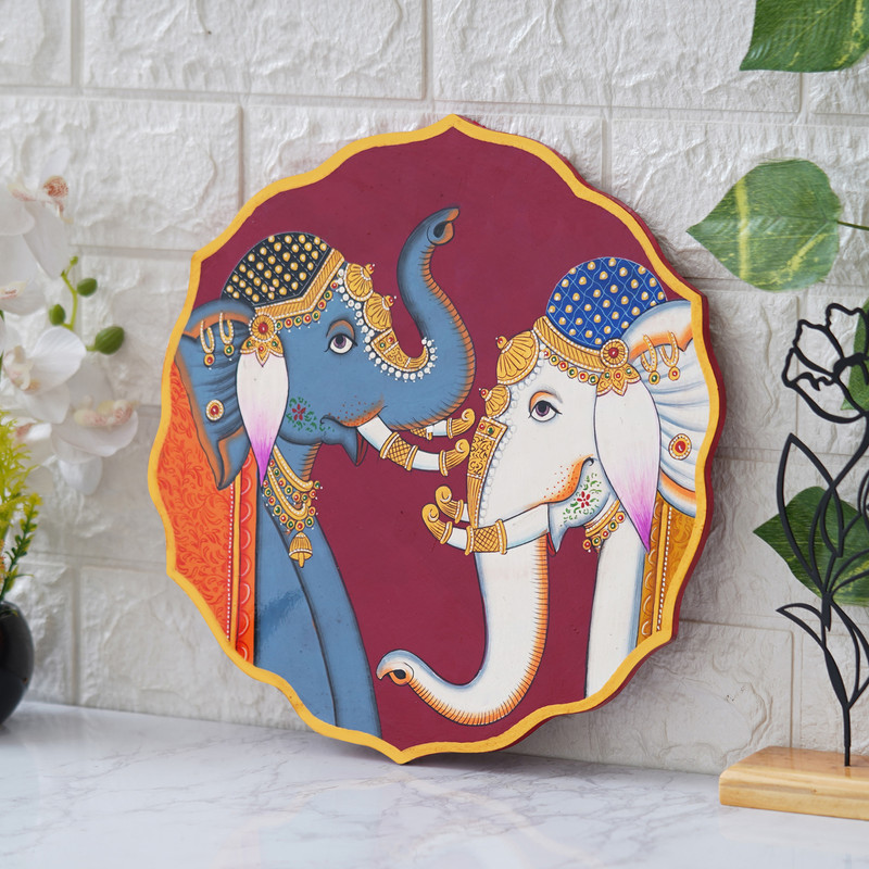 Royal Pichwai painting of two decorated elephants facing each other — traditional Indian art for home decor.