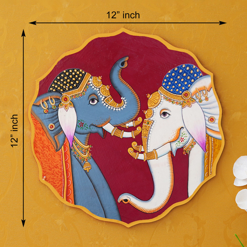 Colorful Indian folk painting of majestic elephants in royal attire — perfect for ethnic home interiors.