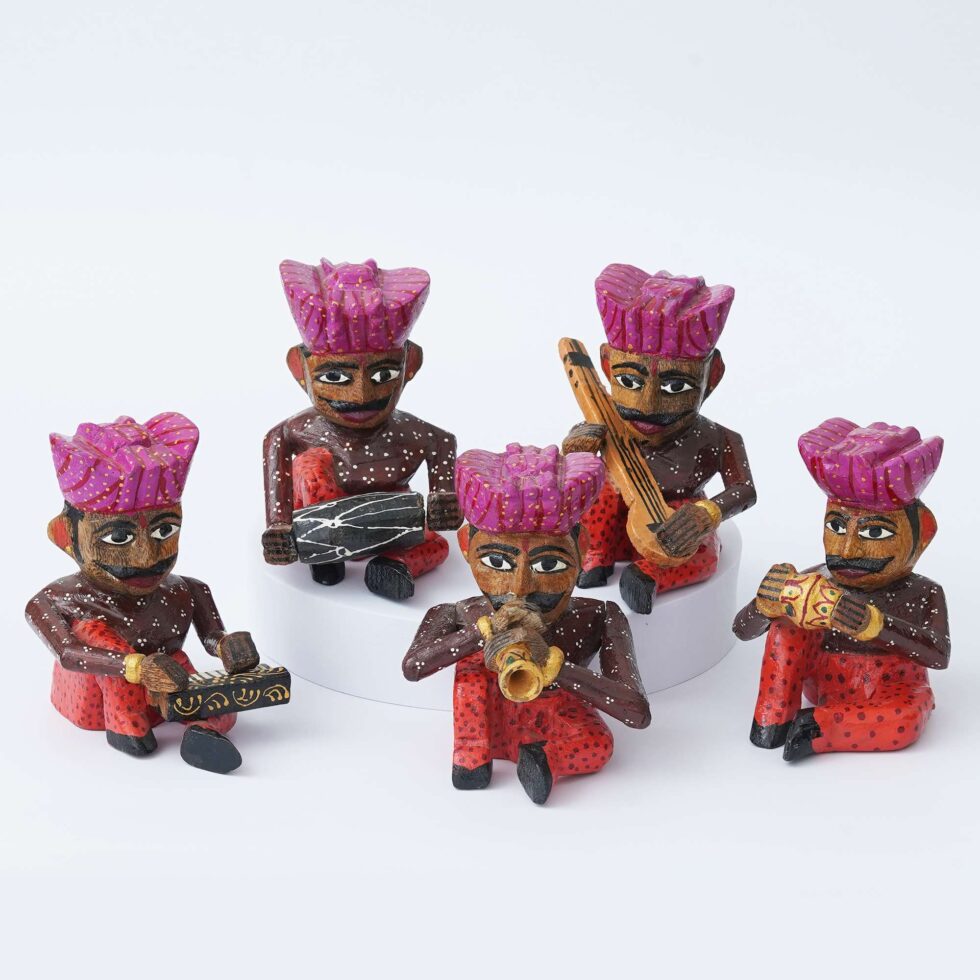 Colorful wooden Rajasthani band set – handmade cultural figurines for ethnic home decoration