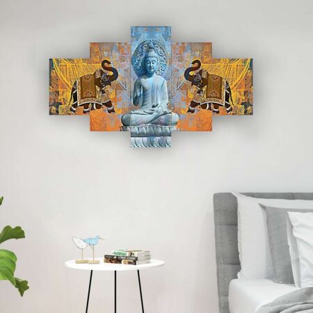 Tranquil Buddha digital wall art with golden background – artistic Indian decor for positivity and calmness.