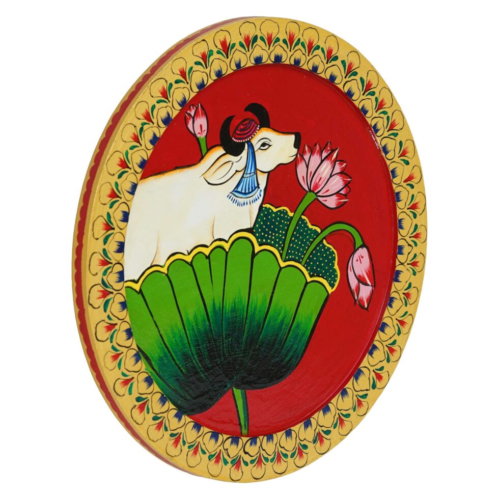 Artistic cow and lotus Pichwai digital wall art – elegant Rajasthani art decor for ethnic home spaces.