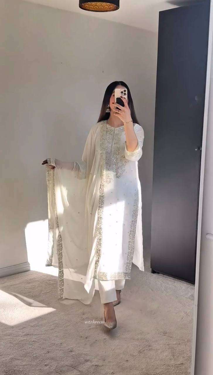 Women's Georgette Embroidery Sequence Work with Rivet Moti Work Straight Kurti With Pant and Dupatta Set - AllHandmadeGoods