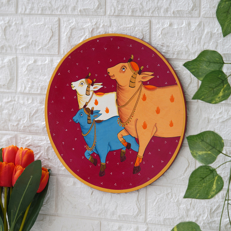 Colorful digital Pichwai art of three divine cows – sacred Indian decor symbolizing prosperity and harmony.