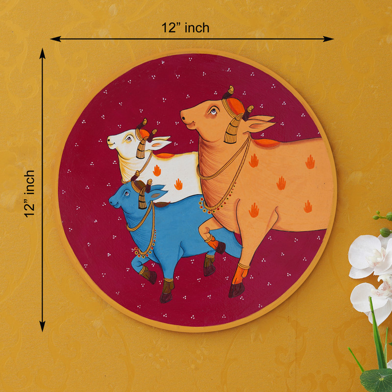 Ethnic handmade-style Pichwai wall painting with multicolor cows – perfect for living room or temple decor.