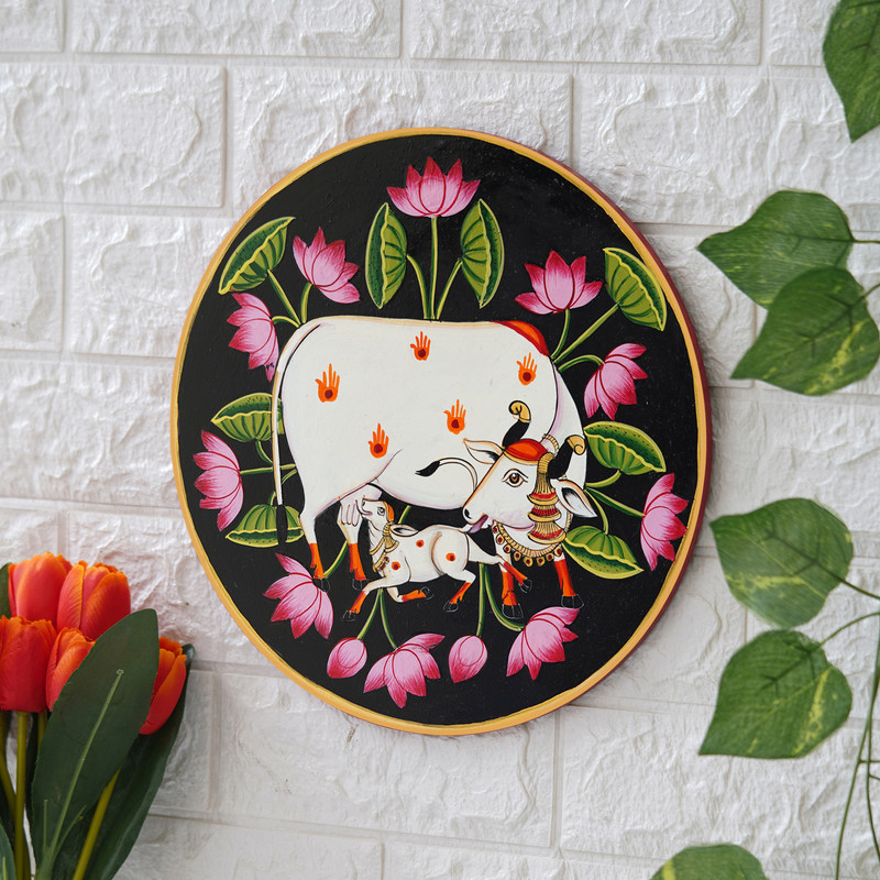 Artistic cow and lotus Pichwai digital wall painting – devotional Indian decor symbolizing purity and motherhood.