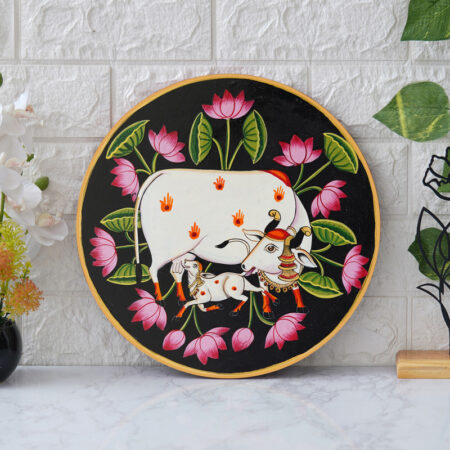Vibrant cow and lotus floral digital wall painting – elegant Indian art decor for traditional interiors.