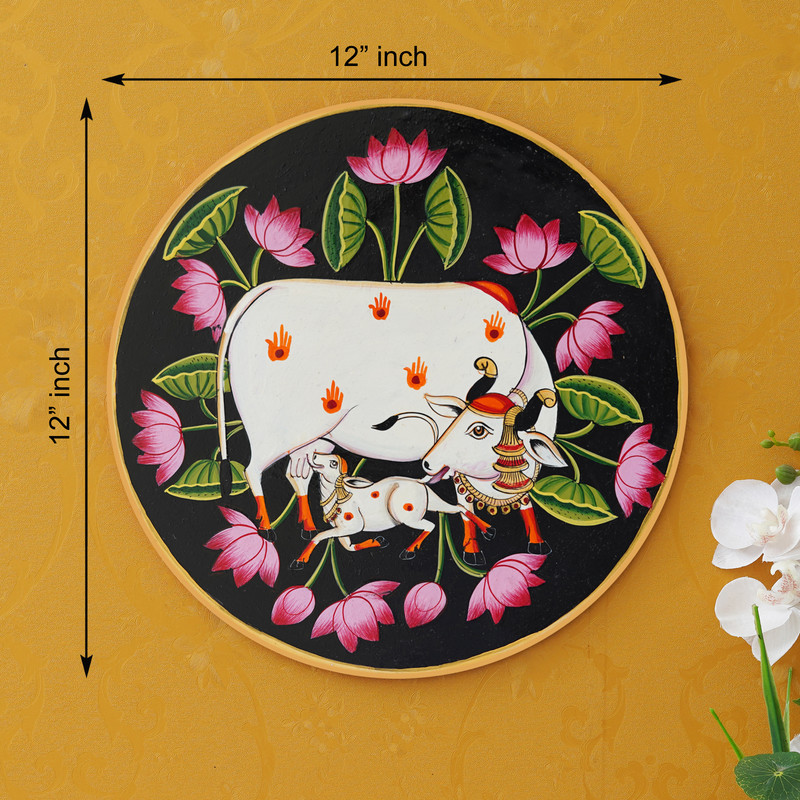 Beautiful mother cow and calf Pichwai artwork – ethnic wall decor for pooja room or living space.