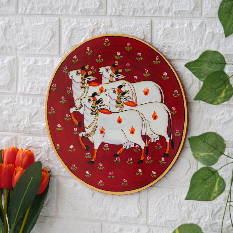 Artistic white cow group Pichwai digital wall painting – ethnic Indian decor symbolizing peace and divinity.