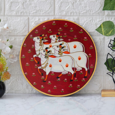 Beautiful red background cow Pichwai digital painting – cultural Indian art decor for rustic and elegant spaces.