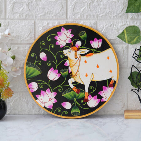 Colorful cow and lotus Pichwai digital wall painting – modern traditional art decor symbolizing peace and divinity.