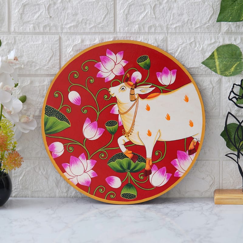 Colorful cow and floral pattern painting – handmade-style ethnic art decor for home or pooja room.