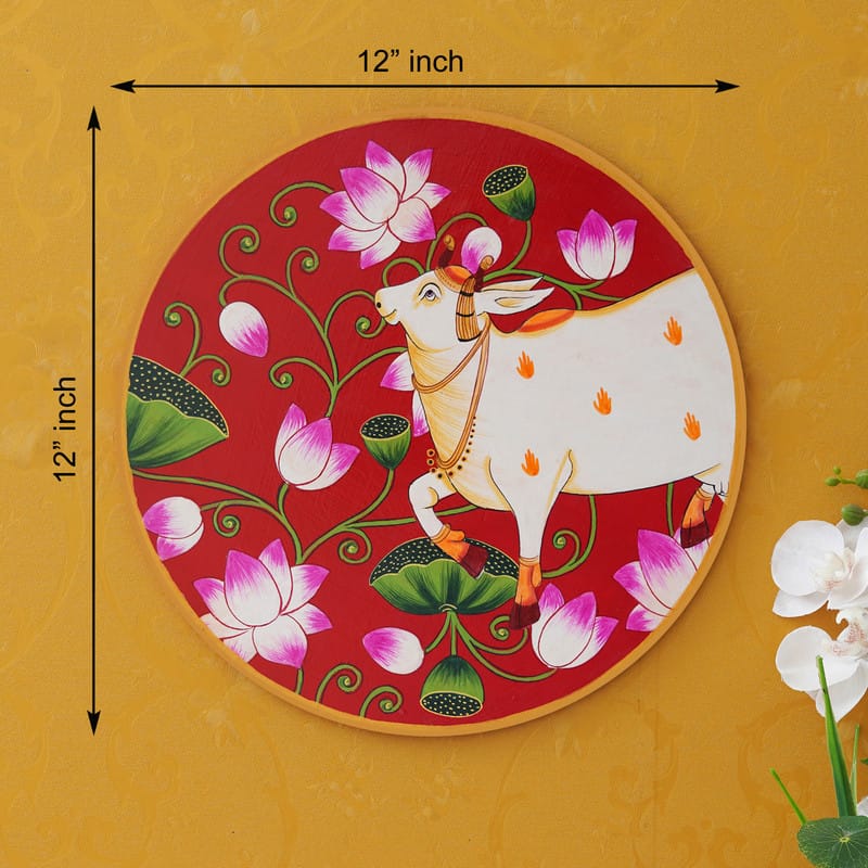 Artistic sacred cow and lotus Pichwai digital wall painting – devotional Indian decor symbolizing peace and purity.