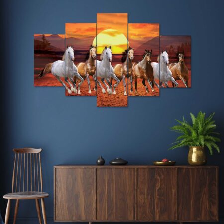 Majestic seven running horses digital wall painting – luxury art decor symbolizing energy and progress.