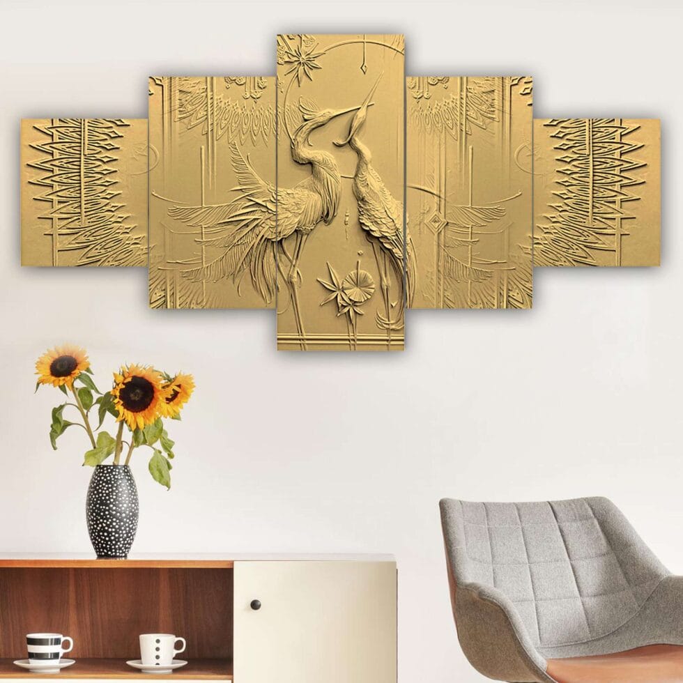 Textured gold bird design digital wall art – contemporary Indian art decor for home or office.
